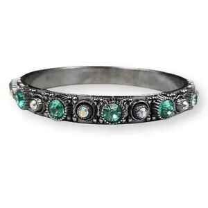Rhinestone Studded Bangle Bracelet Green Aurora Borealis Dark Silver Tone 8.25"